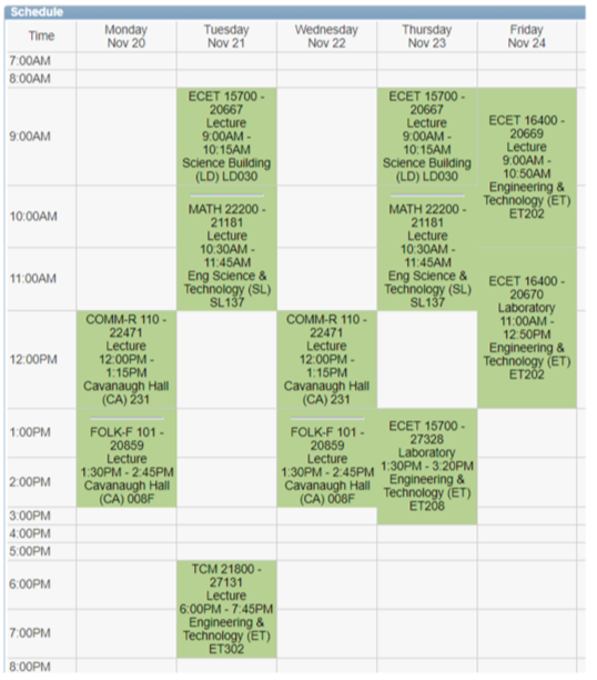 IUPUI Course Schedule Example